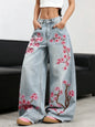 American Retro Plum Blossom Embroidery Design Blue Women's Loose Wide-Leg Jeans Y2K Street Fashion Versatile Straight Trousers