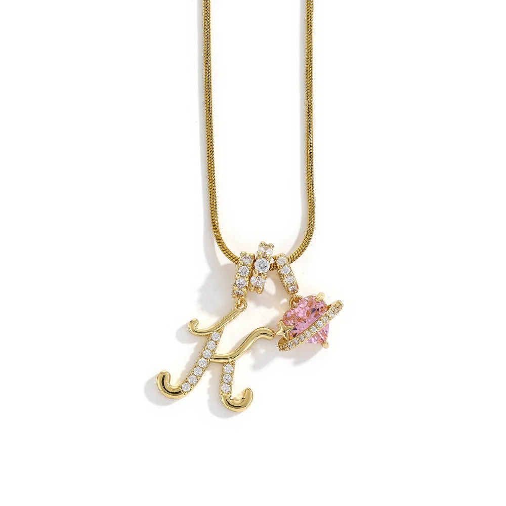 Gold Color Zircon Flower Pendant Necklace Female A-Z 26 Letter Alphabet Wedding Jewelry Gift for Women