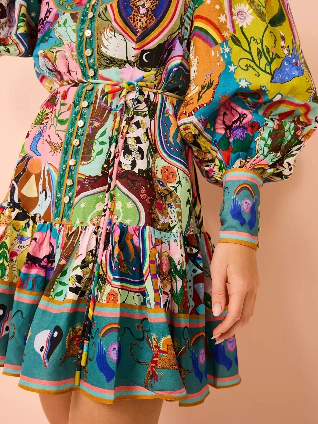2025 printed round neck cinched waist strap pleated ruffle edge retro pleated dress cardigan temperament versatile dress