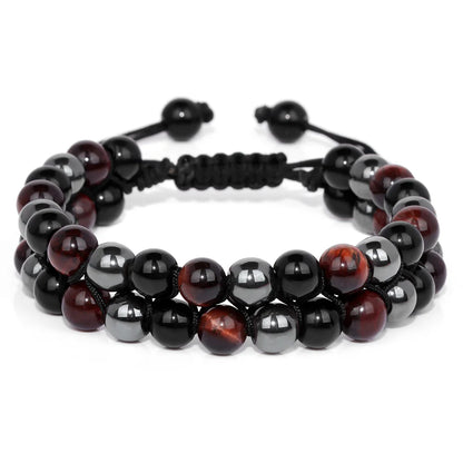 Men Triple Protection Stone Bead Bracelet Double Layers Tiger Eye Hematite Obsidian Rope Wrap Bracelet Handmade Jewelry Gift