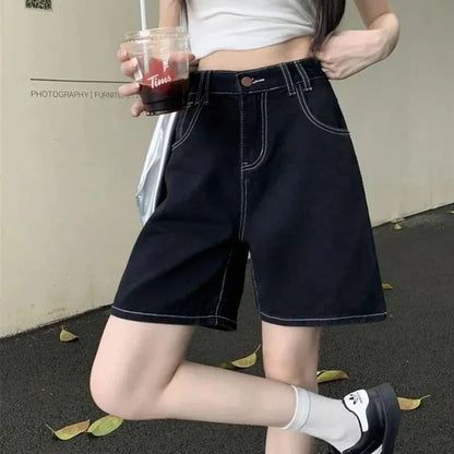 Summer Lady High Waist Casual Short Jeans Girls Classic Fashion Thin Straight Leg Pants Women Korean Solid Denim Shorts