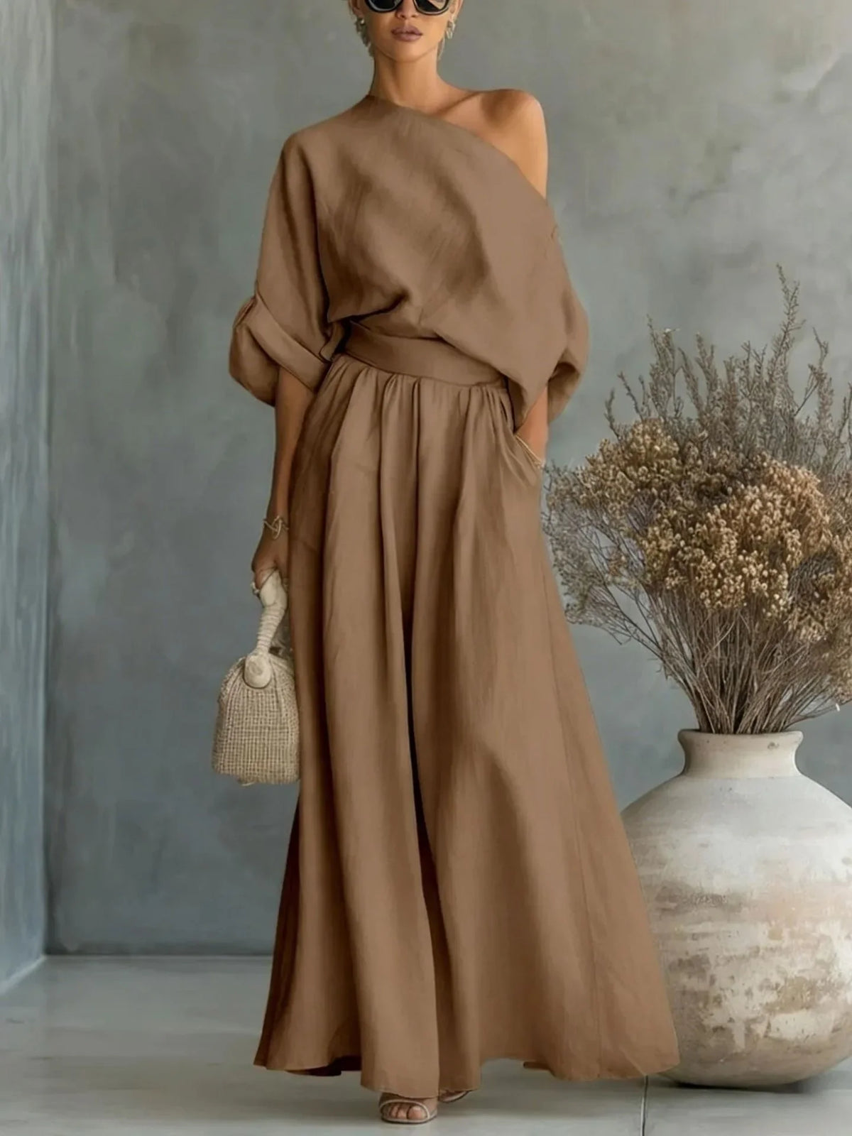 Elegant Two-Piece Short Sleeve Top & Casual Pants Set Woman Sexy Slash