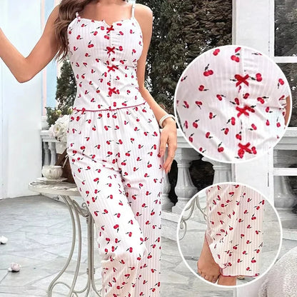 2-Piece Women's Sexy Transparent Mesh Lace Set with Ribbed Printed Strap Top and Pants Home Clothes Pajama Set