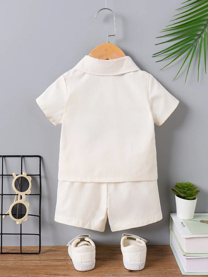 Baby Boy Beige Outfit, Floral Embroidery Collared Shirt & Shorts