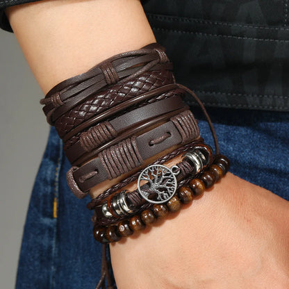 Punk Casual Bead6 Pc/set Tree Black Khaki Handmade Men Bracelets Male Women Leather Bracelets Men Bangle Wholesale Jewelry Gift