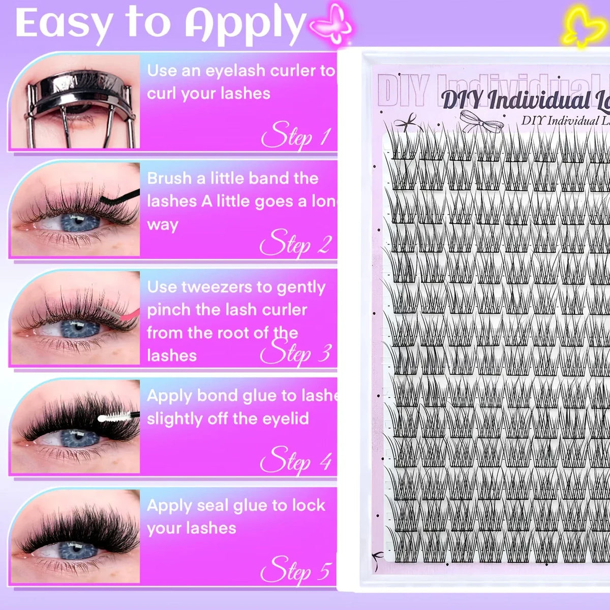 168 Lashes, C-Curl/D-Curl Mixed-Length Natural Volume, DIY Self-Application Eyelash Extensions Individual Lash Applications