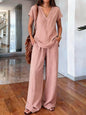 Loose Summer Trousers Set Solid Color Simple Daily Comfortable V-neck Short-sleeved Pullover Top Wide-leg Trousers Two-piece Set