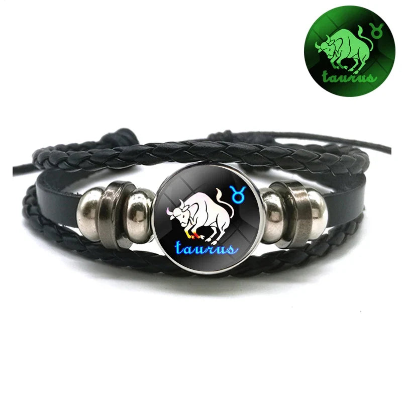 Birthday Present 12 Constellation Luminous Bracelet Leather Bracelet Zodiac Charm Bracelet for Men Women