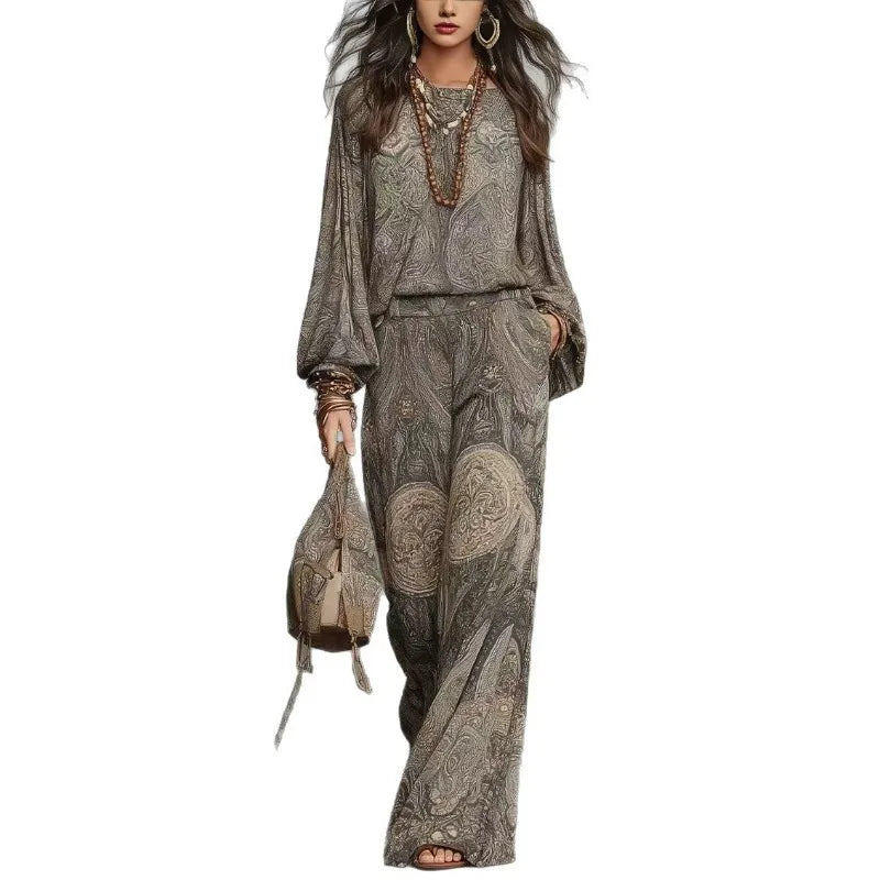 Boho Women 2‑piece Outfit Vintage Paisley Print Long‑sleeve Blouse