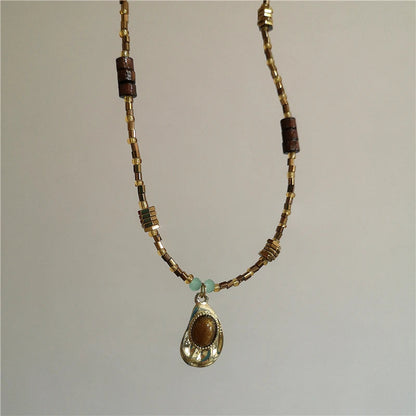 Vintage Leather Brown Stone Sun Pendant Beaded Choker Clavicle Chain Necklace For Women Unique Y2K Personalized Grunge Jewelry