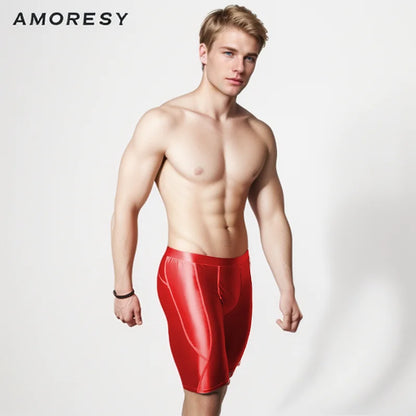 AMORESY Men's Sexy Smooth Shiny Medium Waist Sportswear Elastic Tights Silk Pants Running Sports Breathable Fitness Beach Shorts