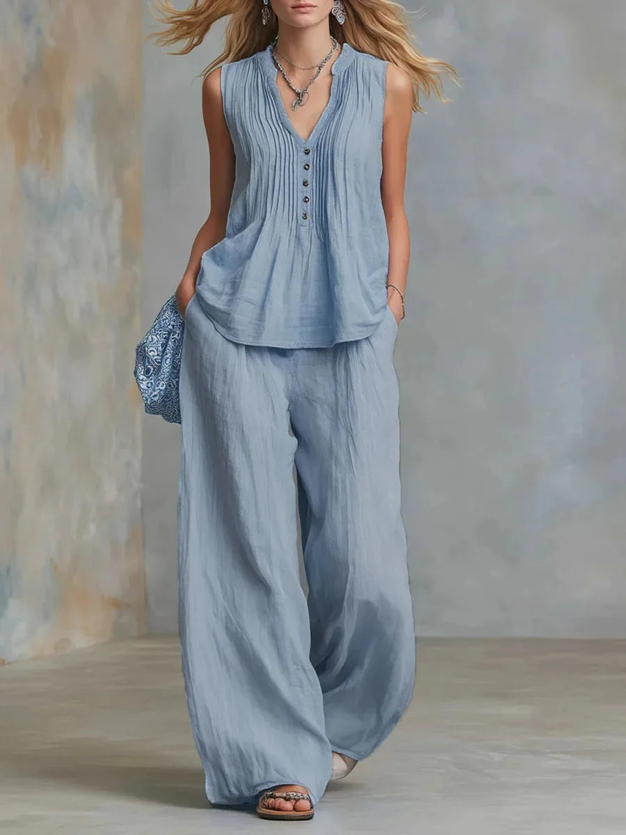 Women's Pullover Blouse And Pants Two-piece Set Women's V-Neck Vest Top Summer Suit Elastic Waist Trousers Lady Sets Outfit 2026