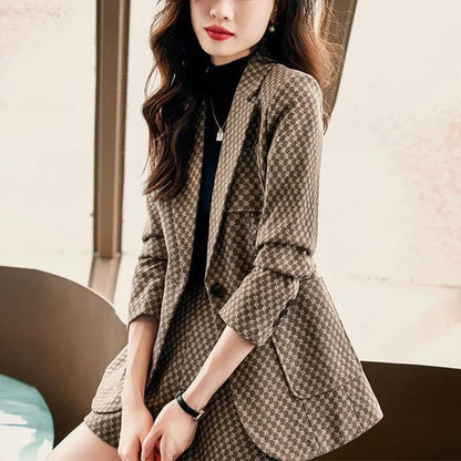 Autumn Winter Women's Elegant Fashion Printed Slim Blazers High Waist