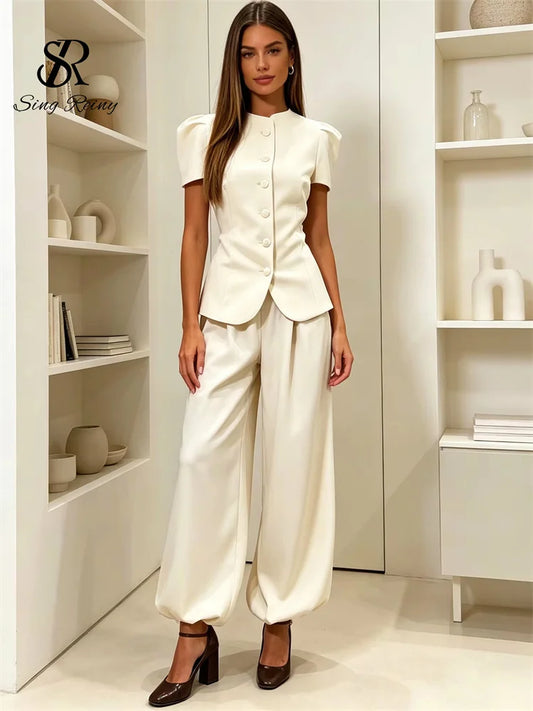 SINGREINY Women Pant Set Two Piece Sets Round Neck Short Sleeve Coats Tops+Wide Leg Long Pants Y2k Streetwear Elegant 2026 Suits