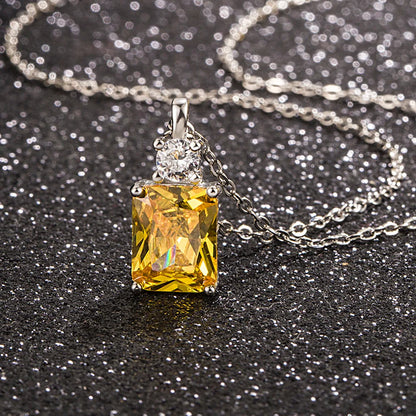 925 Silver Radiant Cut Yellow Crystal Pendant Necklace Women Sparkling Cubic Zircon Citrine Choker Chain Fine Jewelry