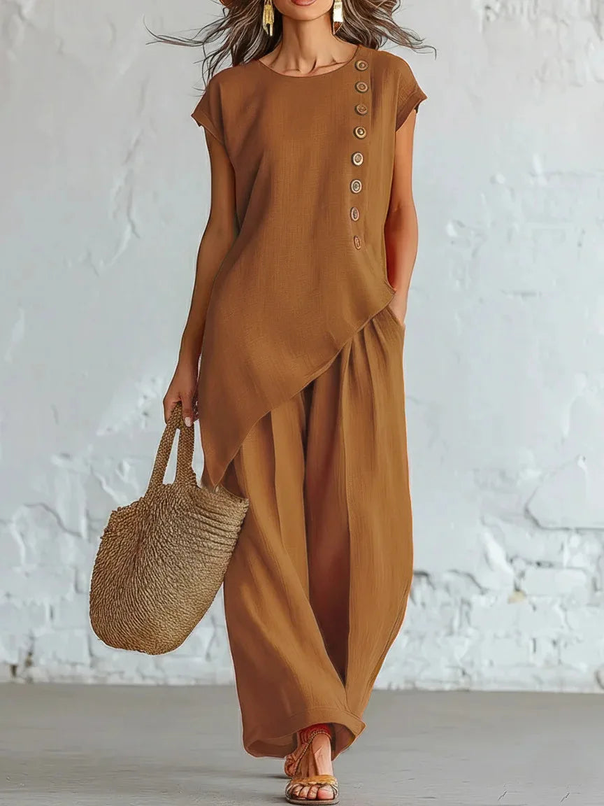 Women 2 Piece Set Elastic Waist Pocket Button Decorate Wide Leg