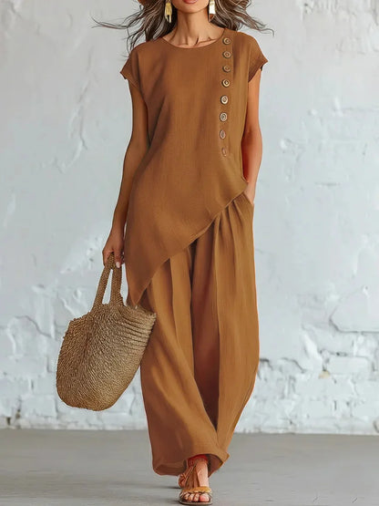 Women 2 Piece Set Elastic Waist Pocket Button Decorate Wide Leg