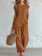 Women 2 Piece Set Elastic Waist Pocket Button Decorate Wide Leg