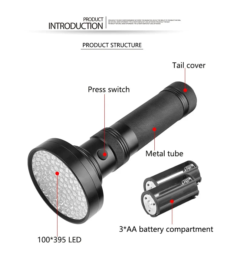 UV Flashlight 21/51/100 LED UV Light 395nm UV Flashlights Ultraviolet Torch Black Light Detector for Dry Pets Urine Stains Bug