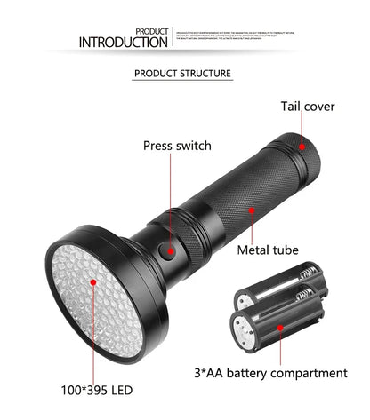 UV Flashlight 21/51/100 LED UV Light 395nm UV Flashlights Ultraviolet Torch Black Light Detector for Dry Pets Urine Stains Bug