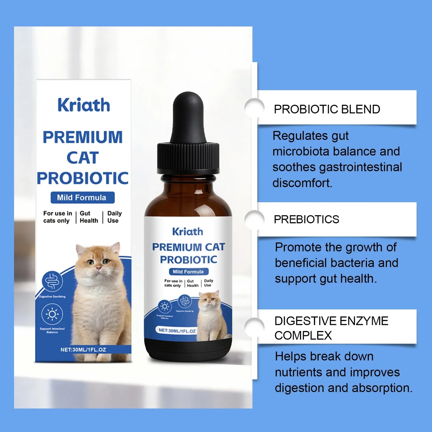 Kriath Cat Probiotic Liquid Drops 30ml Mild Formula Pet Gut Health Supplement Support Intestinal Balance for Cats