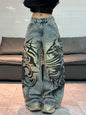 American-Style Vintage Washed Distressed Totem Print Loose Jeans, Street Fashion Trendy Versatile High-Waist Wide-Leg Pants For Women