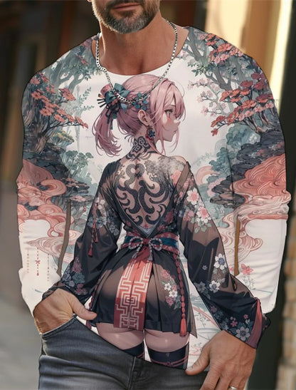 2024 new men's long-sleeved T-shirt 3D printing HD anime tattoo beauty printing men's autumn tops casual round neck home clothes