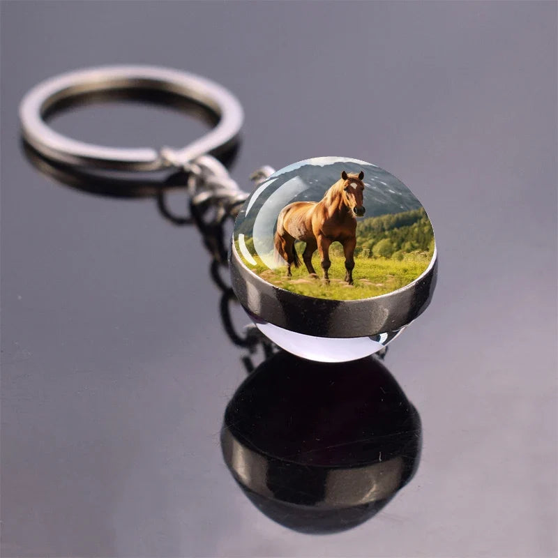 Horse Pattern Keychains White Brown Horse Racing Double Sided Glass Ball Pendant Key Chain Fashion Animal Jewelry Keyring Gift