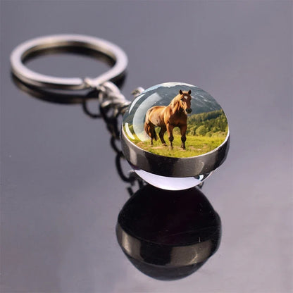 Horse Pattern Keychains White Brown Horse Racing Double Sided Glass Ball Pendant Key Chain Fashion Animal Jewelry Keyring Gift