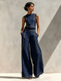 Women Striped Print 2 Piece Set Sleeveless Round Neck Tank Top High Waist Pocket Wide Leg Trousers Suit New Summer Resort Outfit
