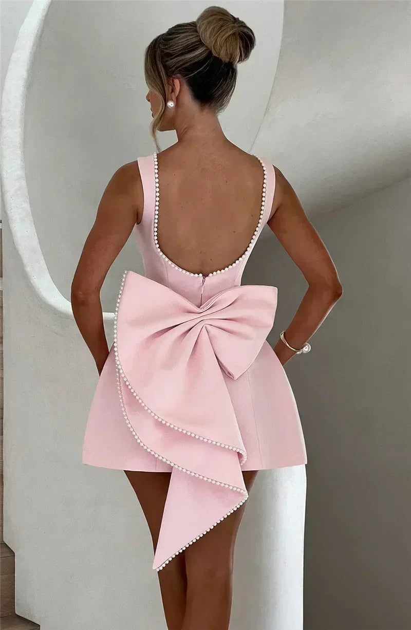 Mozision Pearl Bow Backless Sexy Mini Dress For Women Robe Fashion Zipper Sleeveless High Waist A-line Club Party Dress Elegant
