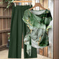 New Casual Printed Two Piece Set for Women O Neck Short Sleeve Ruffled Tops T-Shirt + Loose Wide Leg Pants Suits Summer 2026