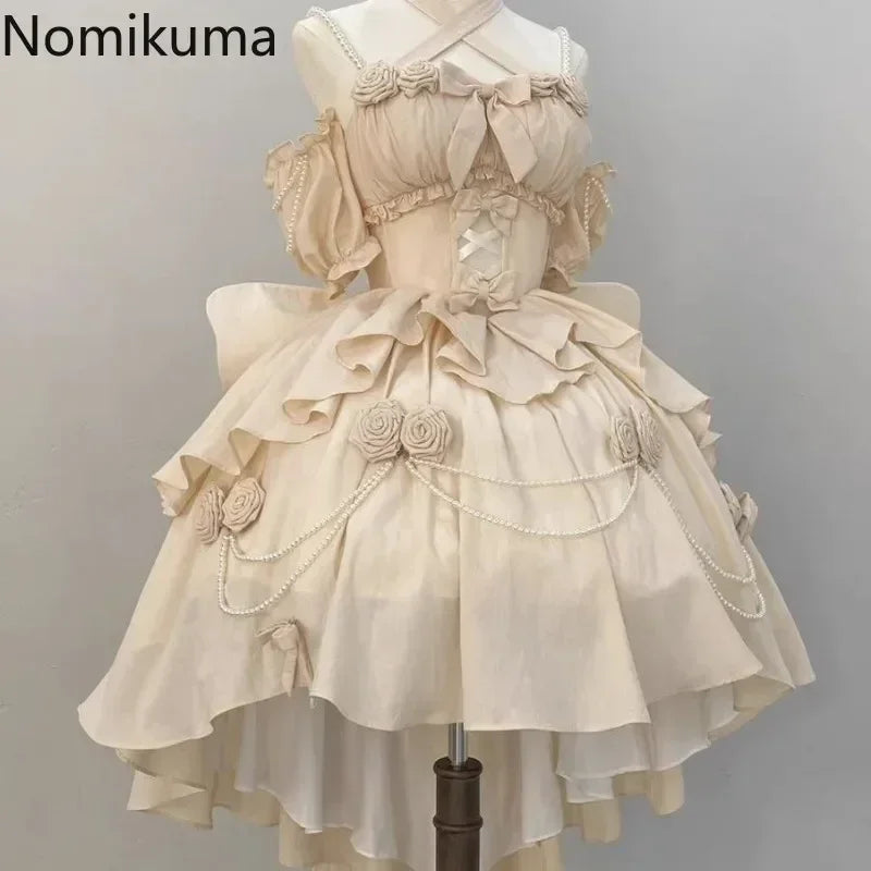 2025 Vestidos De Mujer Sweet Dresses for Women Lolita Style Fashion Japanese Robe Femme Beading Hollow Out 3D Floral Cute Dress