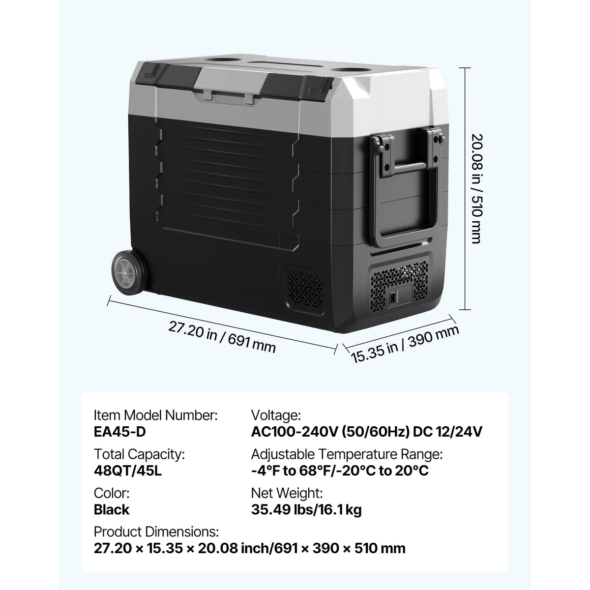SucceBuy 35L 45L 55L Car Refrigerator Compressor Electric Cooler, -4°F to 68°F Truck Refrigerator with APP Control Wheels & Dual