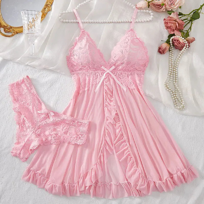 Ultra Sexy Lingerie Women Lace SeeThrough Nightdress Erotic PajamasSolid Soft Slim V Neck Sleepwear Summer Dress & Thong Kit