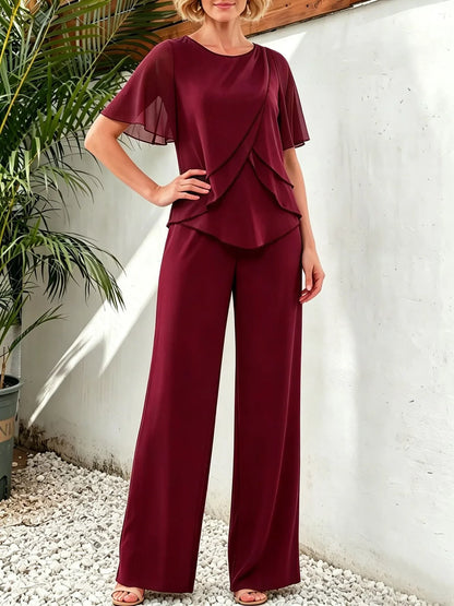 Women's Casual Pants Set Chiffon Breathable Solid Color Round Neck Short Sleeve Loose Irregular Top + Wide-leg Pants 2-piece Set