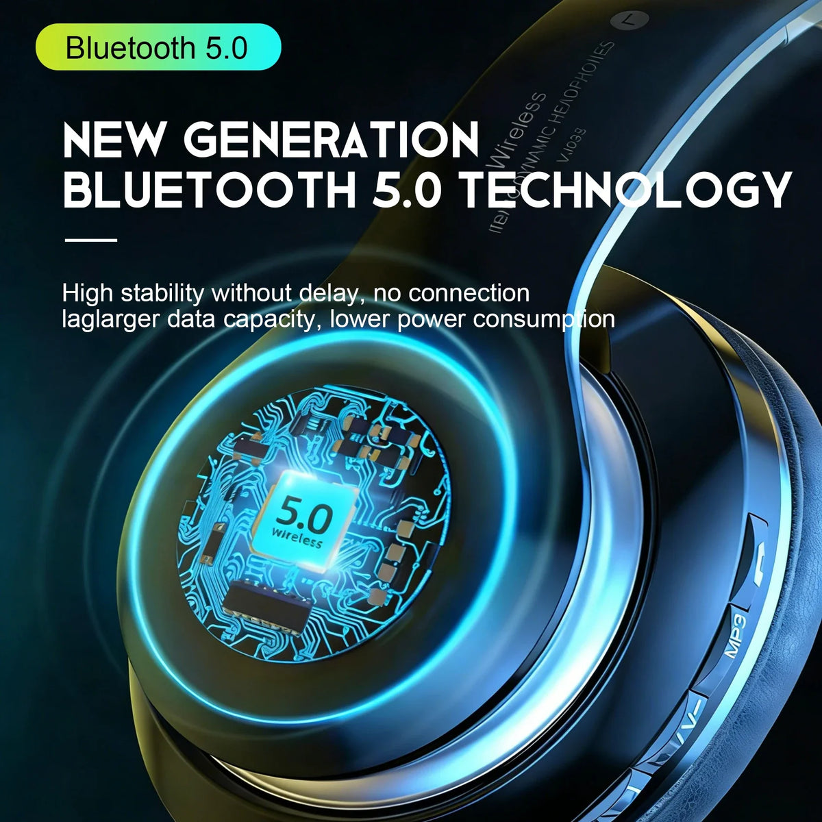 Wireless Bluetooth 5.0 HiFi Headphone With On-Ear Headset Stereo Sound Earphones Sports Office Game Foldable Low Latency
