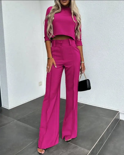 Casual Long Sleeve Shirt Pants Set Office Lady Spring Autumn Fashion