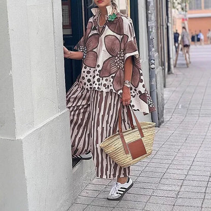 2 Piece Sets Women Summer Print Loungewear Long Pants Sets Vintage