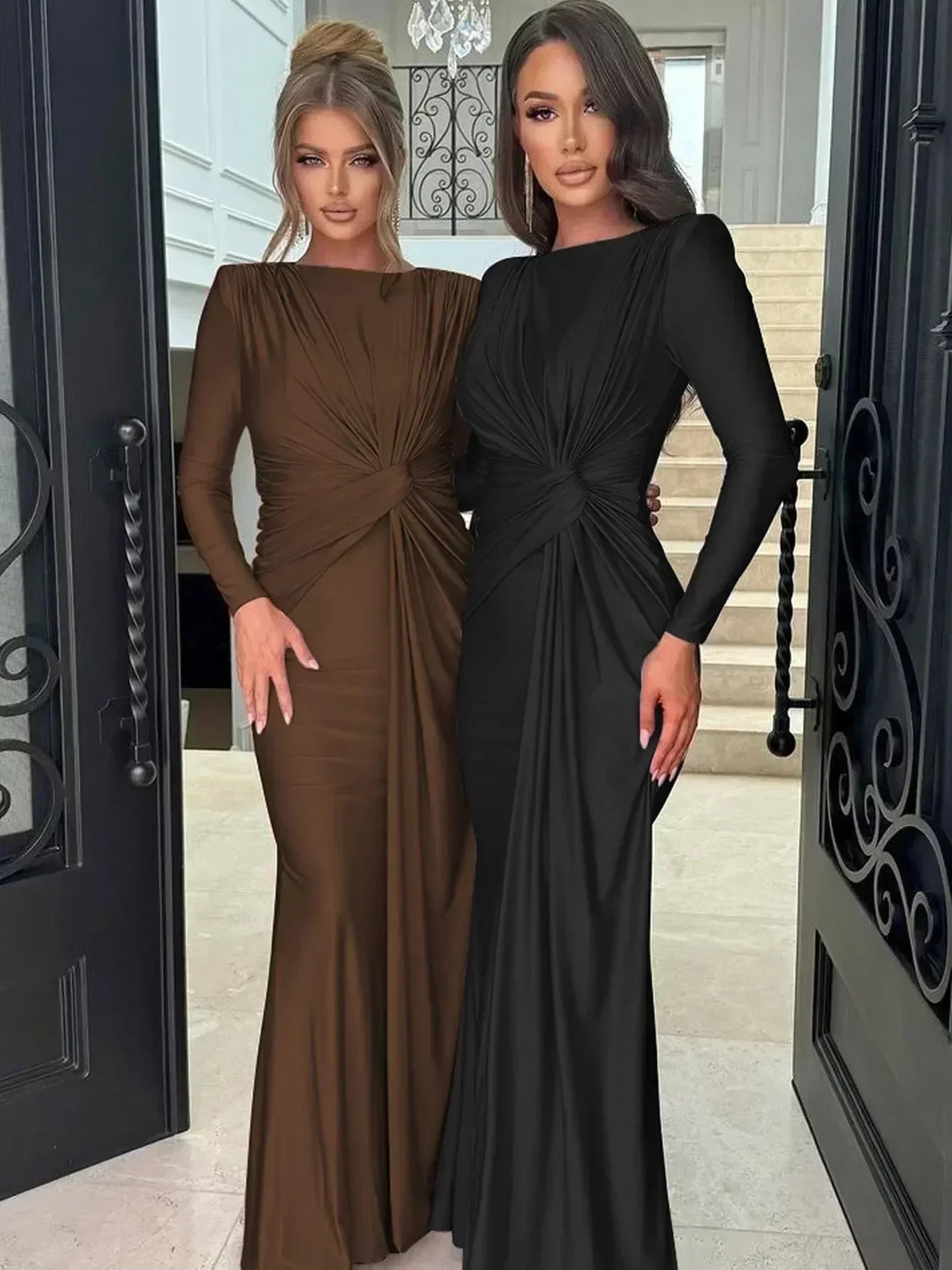 Dulzura Long Sleeves Shoulder Pad Ruched Maxi Dress Solid Elegant Prom Evening Party Long Dress Women’S Autumn Winter Outfit