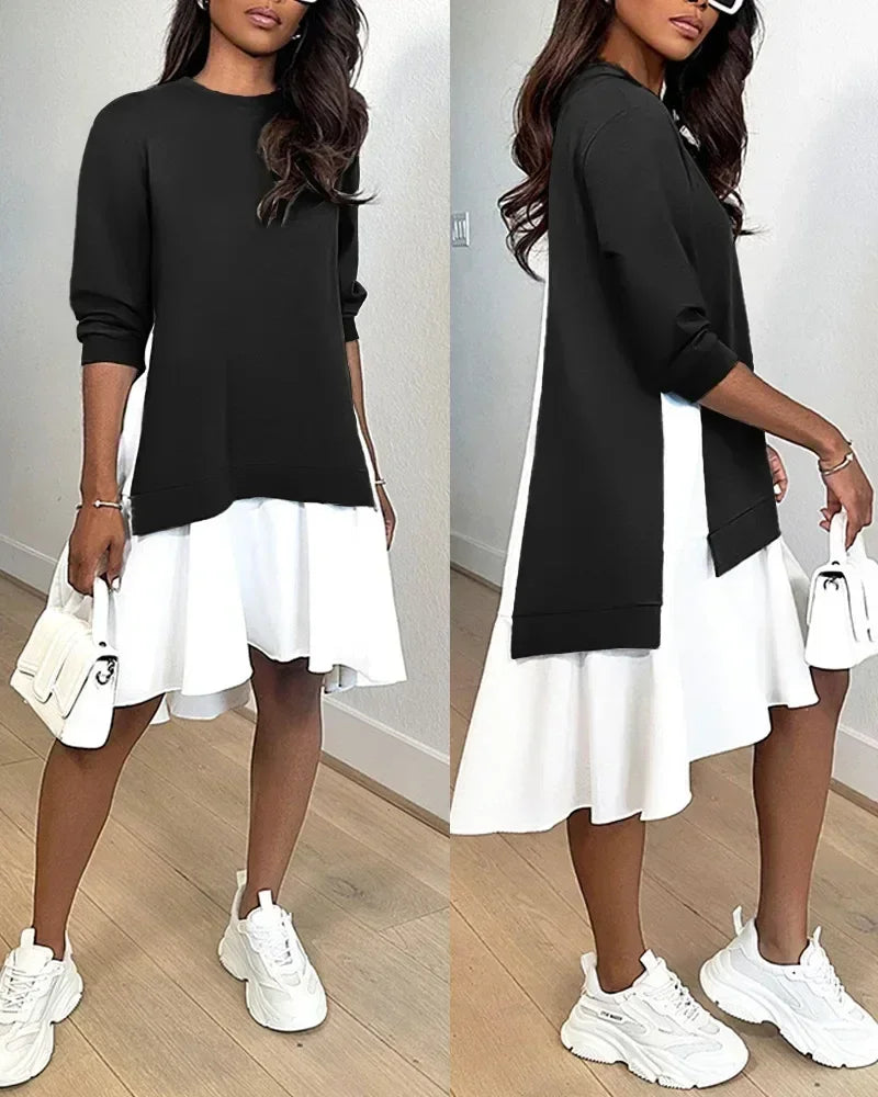 Spring Women O-Neck Long Sleeve Loose Mini Dress Autumn Vintage Sweatshirt Dresses Casual Fashion Patchwork Ruffles A-Line Dress