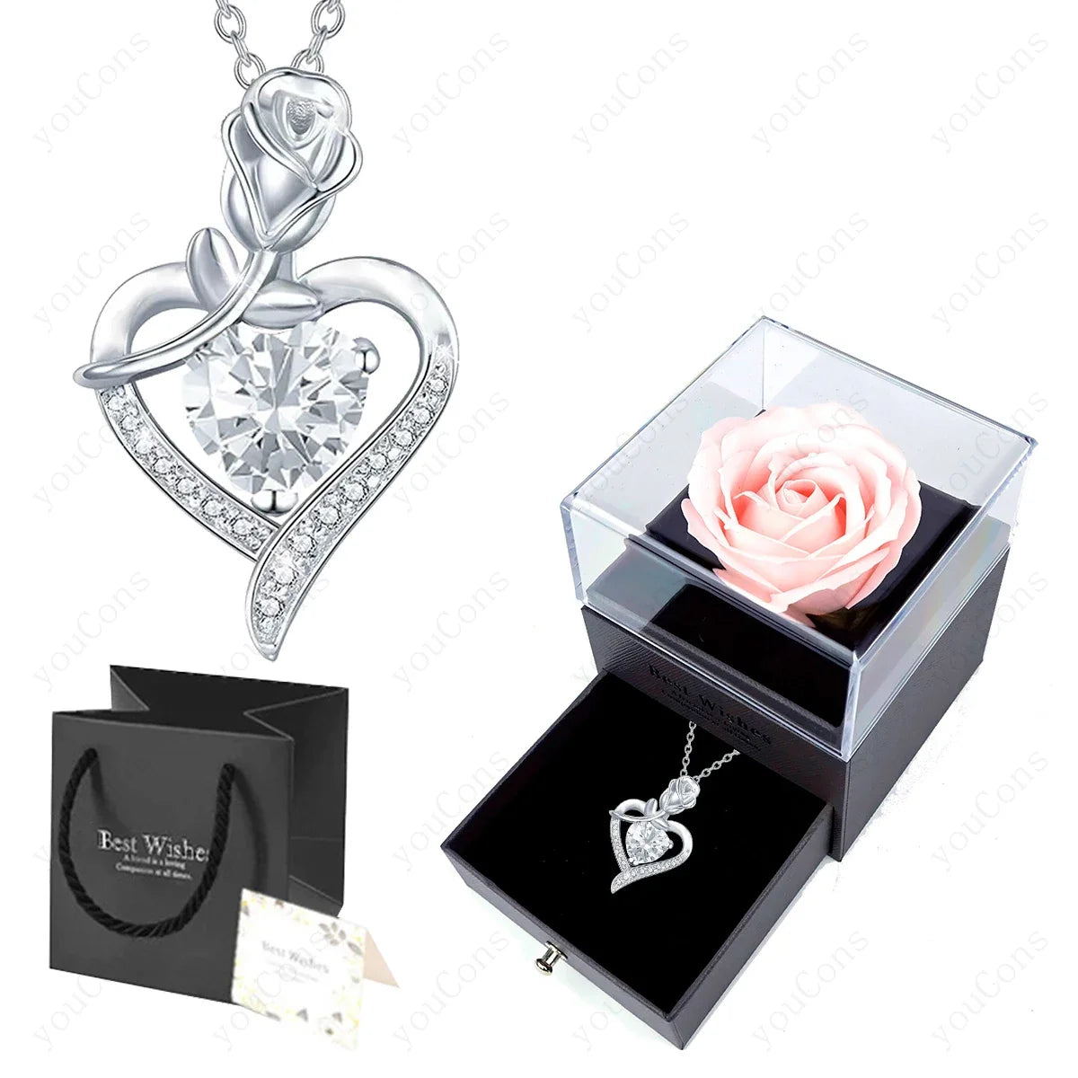 Luxury Red Zircon Heart Necklace With Rose Flower Gift Box For Girlfriend Birthday Valentine Gift  Romantic Accessories