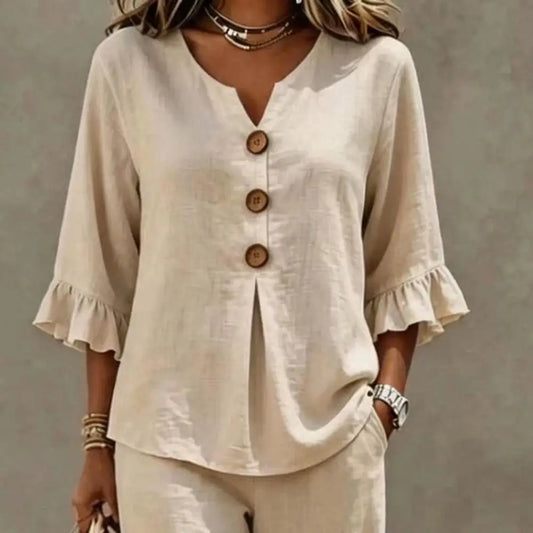 Summer 2 Piece Sets for Women Casual Ruffle 3/4 Sleeve V Neck Top And Wide Leg Pants Matching Set Loose Vacation Lounge Outfits