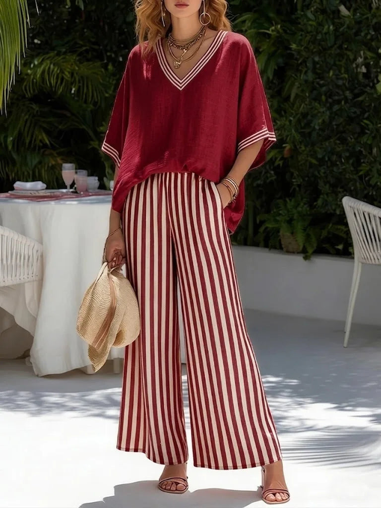 Fashion Women's Casual Striped Comfortable Loose V-Neck Cotton Hemp
