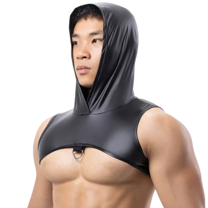 Mens Faux Leather Undershirts Sleeveless Hooded Tops Male Tank Tops Nightclub Stage Clothes Sexy Vests for Men