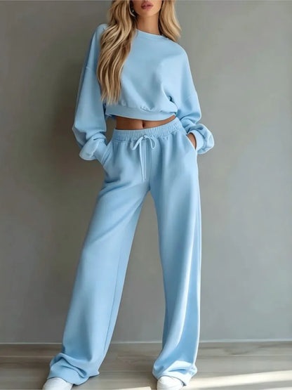 Autumn New Casual O Neck Long-Sleeved Ultra-Short Sweatshirt Trousers