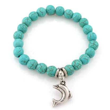 FTCY Women Bohemian Beaded Bracelet Fashion Turquoise Natural Stone Anti-Stress Yoga Geometric Pendant Elastic Cord Hand Chains