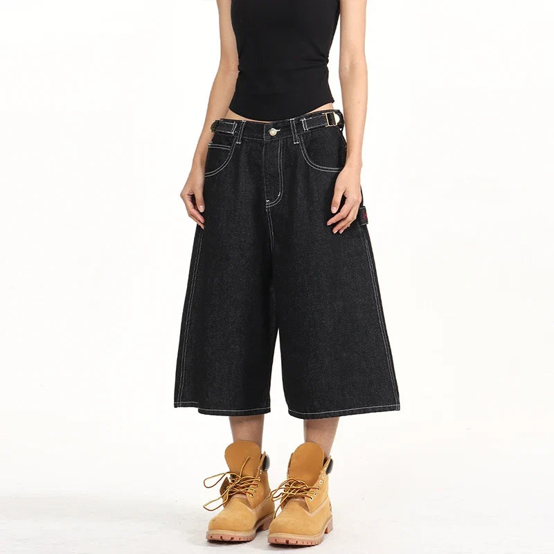 American Retro Baggy Wide Leg 3/4 Length Jean Women Y2K Vintage Spring
