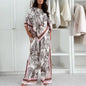 Vintage Printed Shirt High Waist Wide Leg Pants Suit Women Casual Two Piece Set Irregular 3/4 Length Shirt Trousers Holiday Sets