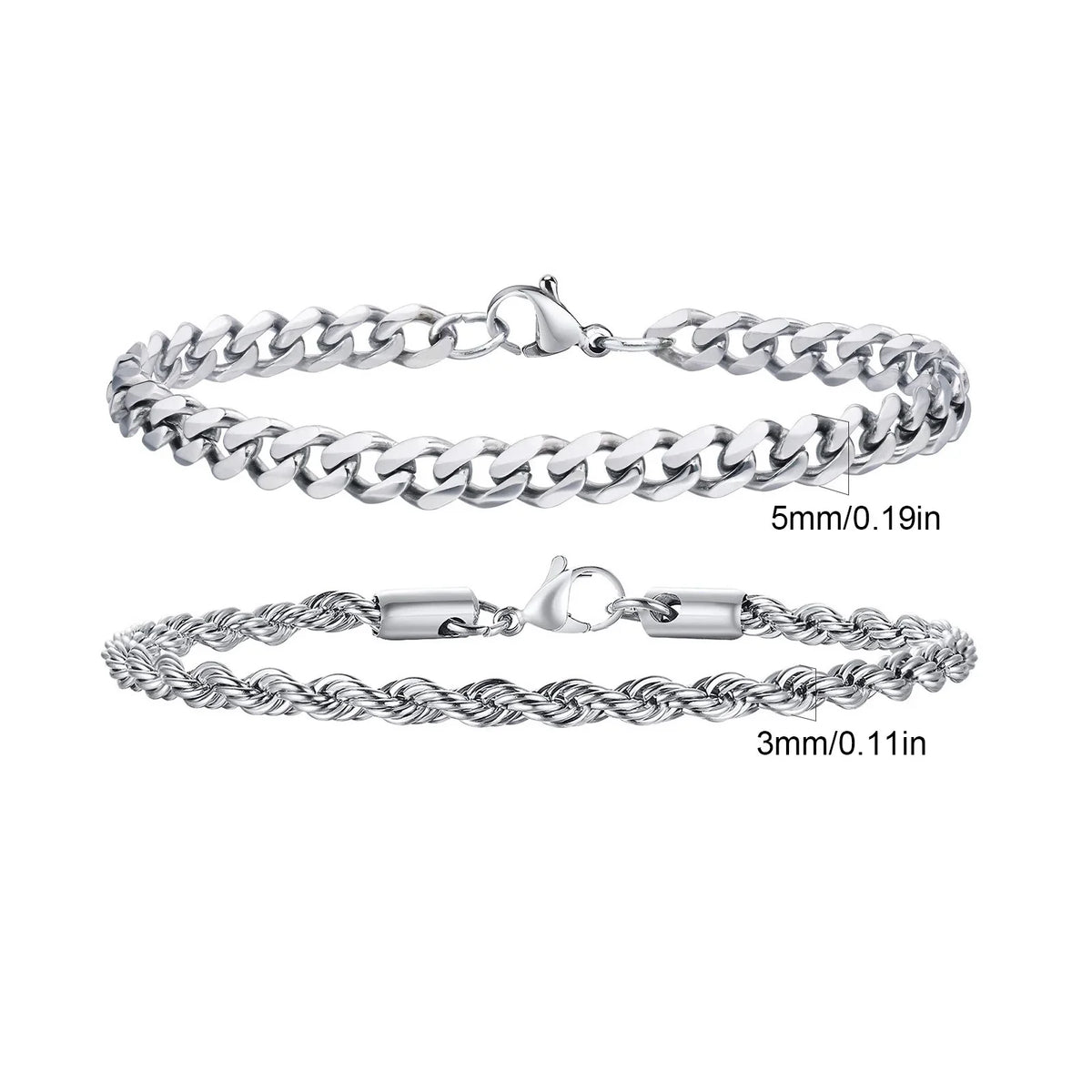 2pcs Men's Chain Bracelets, Stainless Steel Silver Gold Black Color